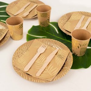 72 Pcs Paper Dinnerware Set Natural with Gold Foil Palm Leaves Print - Disposable Plates, Cups, and Napkins Tableware - Pack of 1 Set